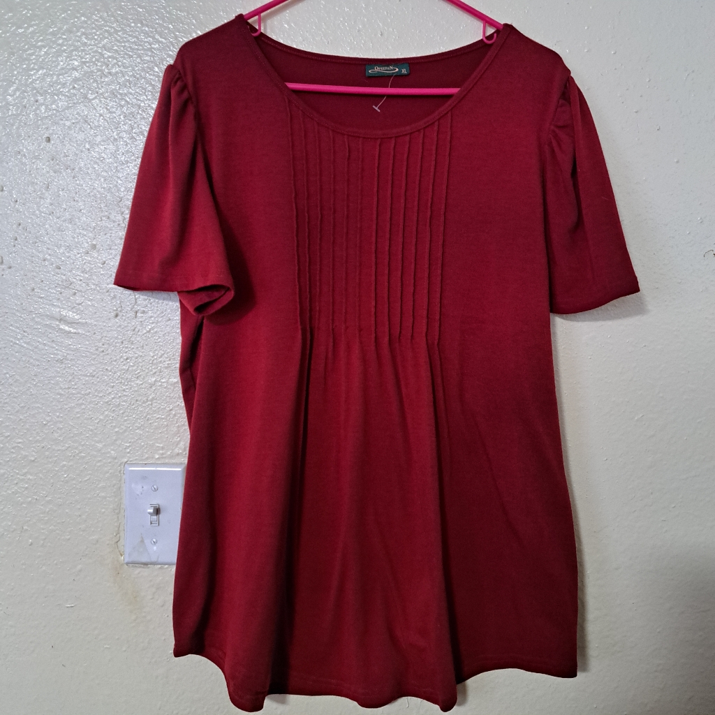 Ofeefan Womens Xlarge Red Blouse Pleated Front Short Sleeve